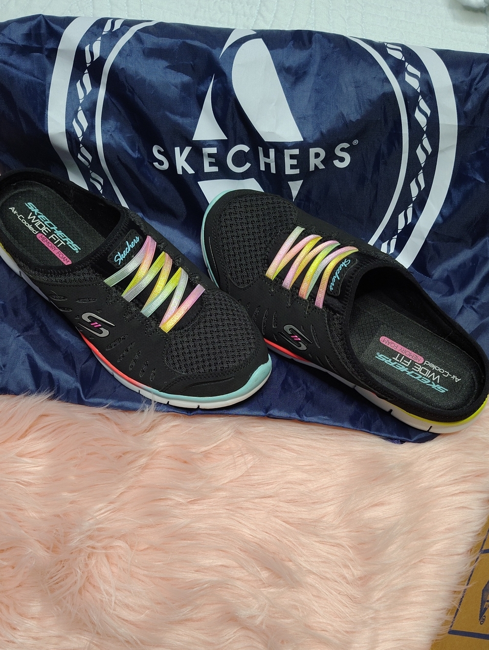 Skechers Black Slip-On Sneakers with Pastel Rainbow Elastic Laces